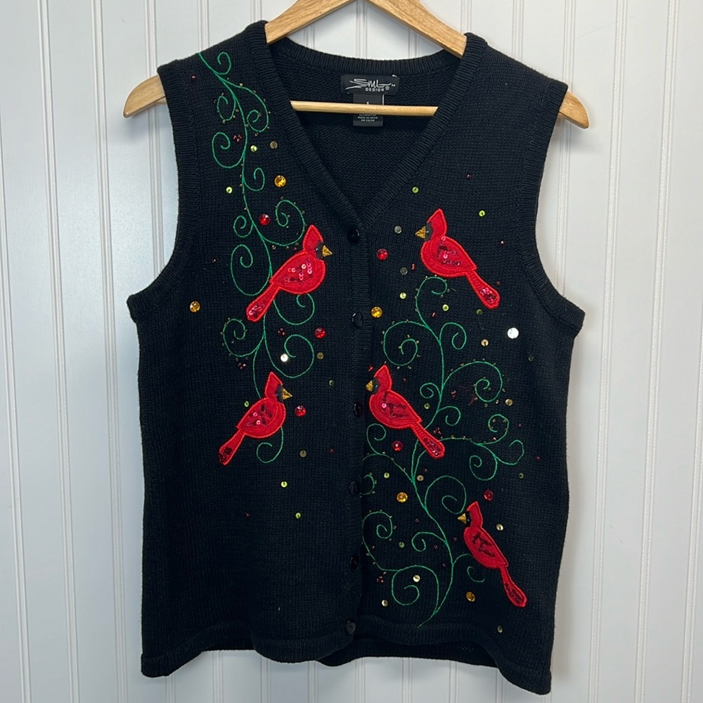 Vintage SML Design Cardinal Sequin Appliqué Sweater‎ Vest Sz S